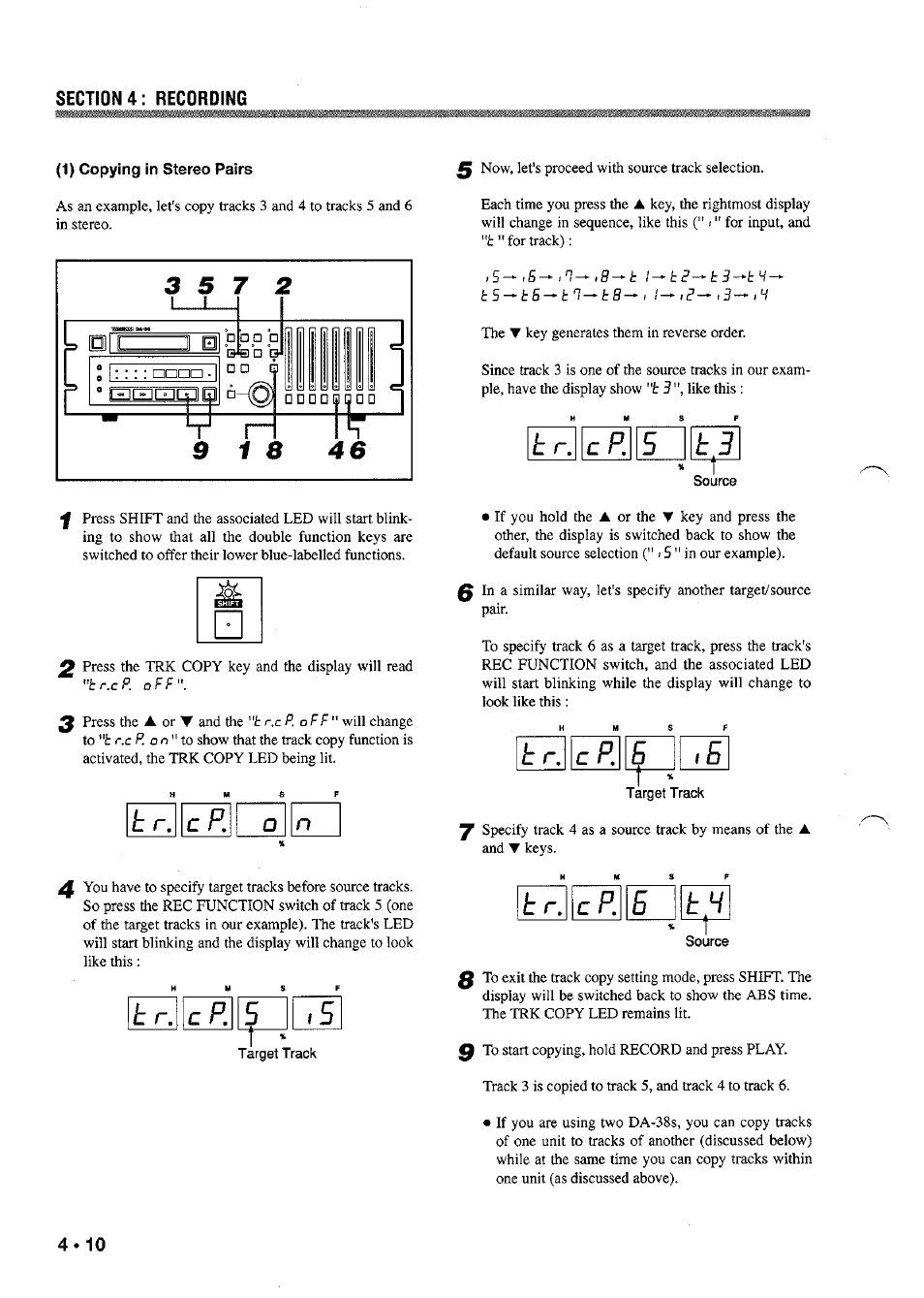 1) copying in stereo pairs, Hr. cp, T r. cp. o n | T r. cp, Lr. cp, R. p. 5 | Tascam DA-38 User Manual | Page 16 / 37