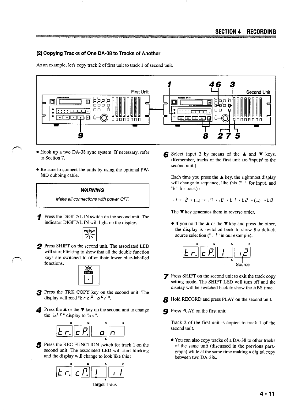 Warning, T r. cp.i o, T r. cp. t1 | T r. cp | Tascam DA-38 User Manual | Page 17 / 37