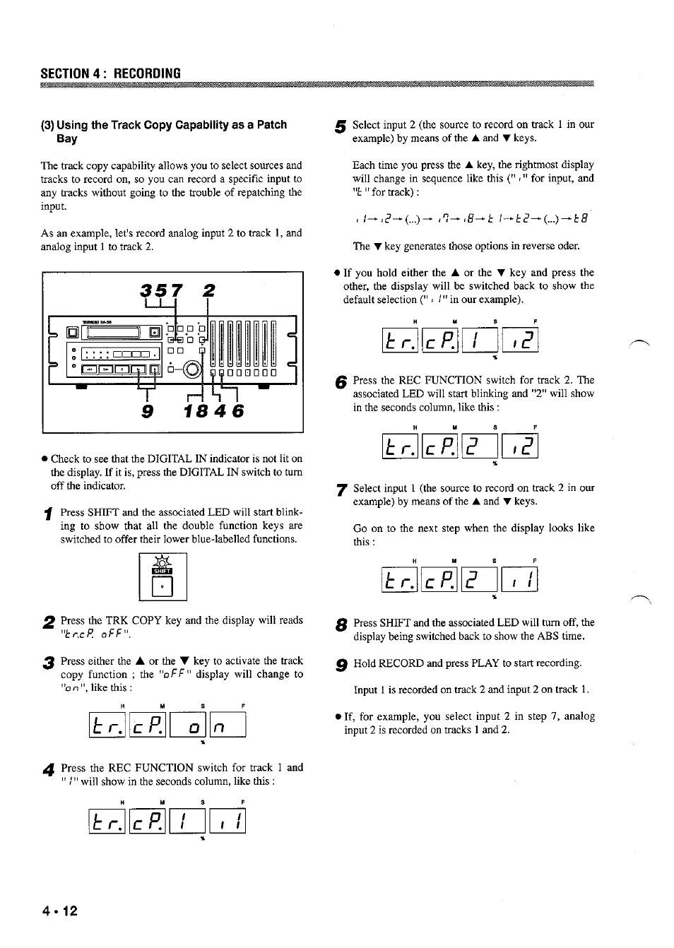 3) using the track copy capability as a patch bay, Cp. o n, T r. c p,\p | T r. cp. p 1 i i, Cp. 1 1 | Tascam DA-38 User Manual | Page 18 / 37