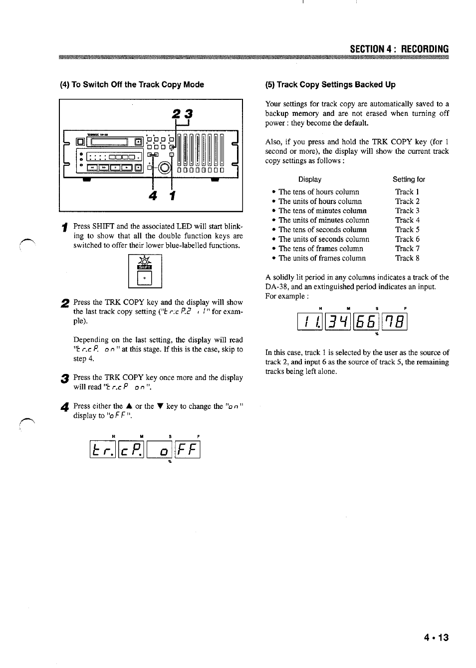 4) to switch off the track copy mode, 5) track copy settings backed up, C p. o | 3h be hb | Tascam DA-38 User Manual | Page 19 / 37