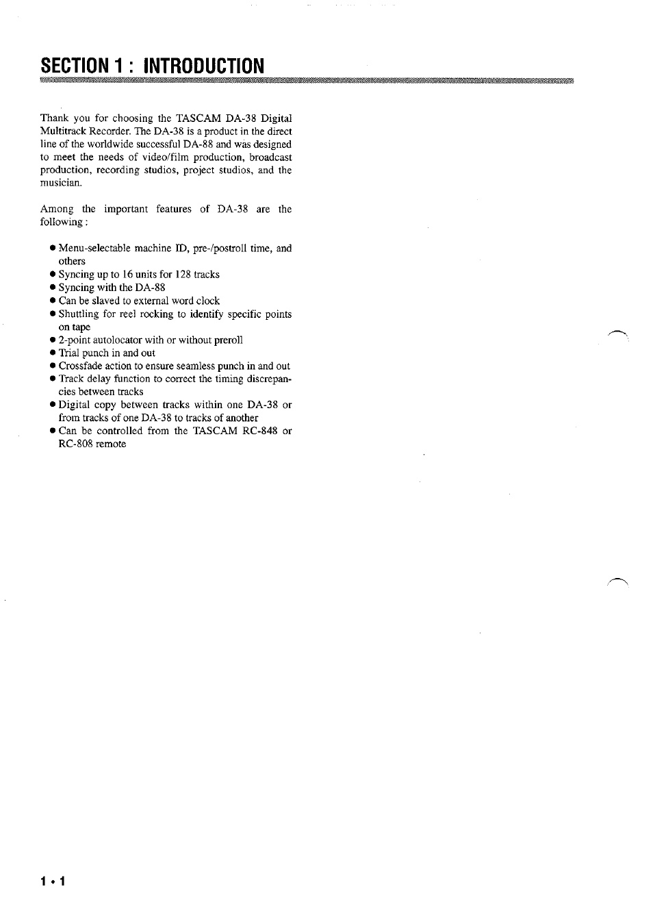 Section 1 : introduction | Tascam DA-38 User Manual | Page 2 / 37