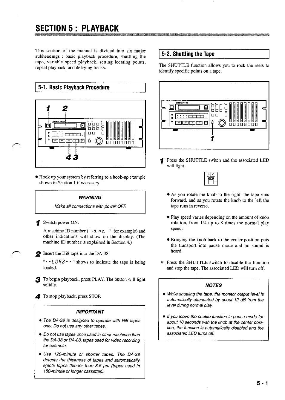 Sections: playback, 1. basic playback procedure, Warning | Important, Notes, Section, Playback, 2. shuttling the tape | Tascam DA-38 User Manual | Page 21 / 37