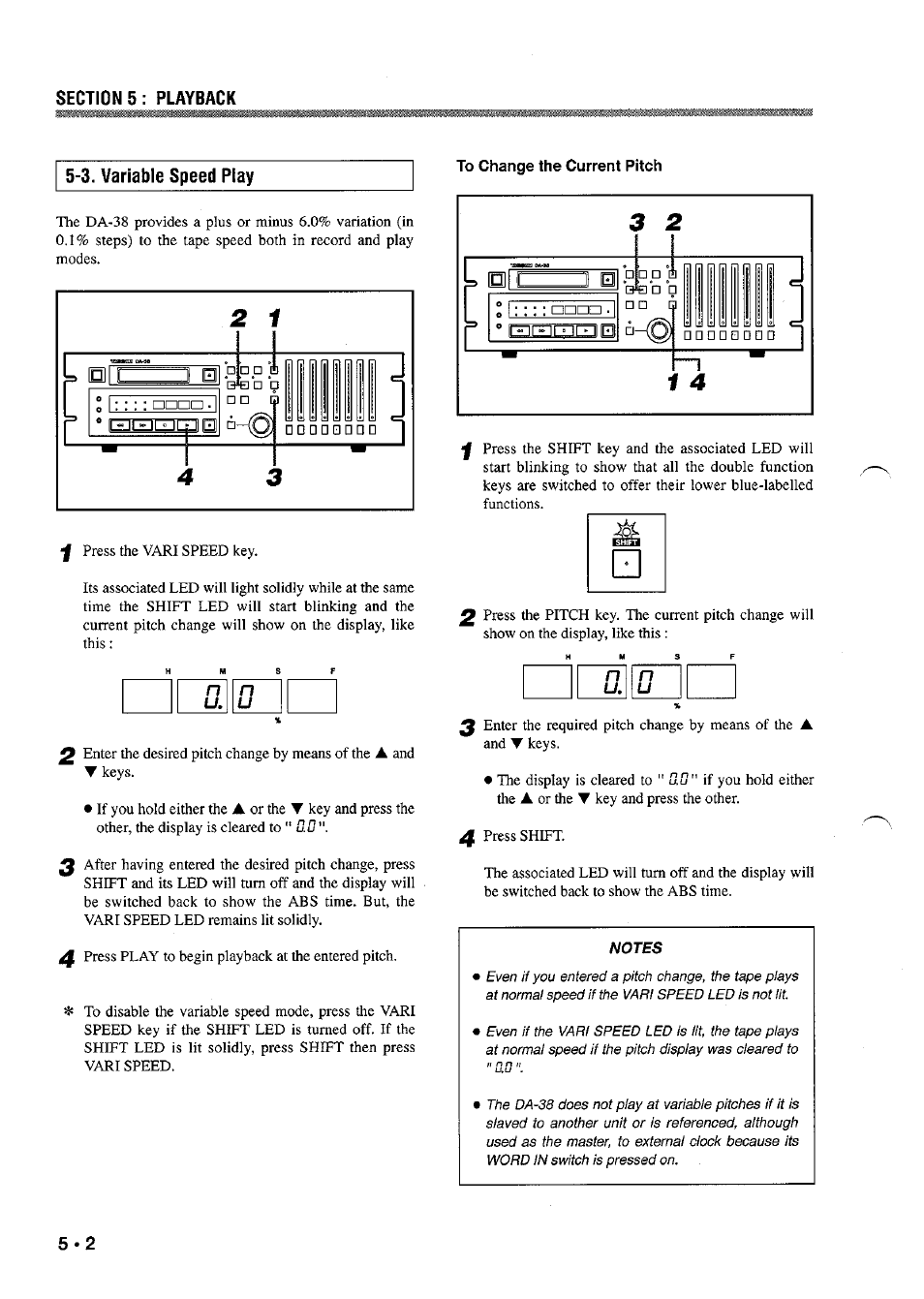 To change the current pitch, Nu lf, 3. variable speed play | Tascam DA-38 User Manual | Page 22 / 37