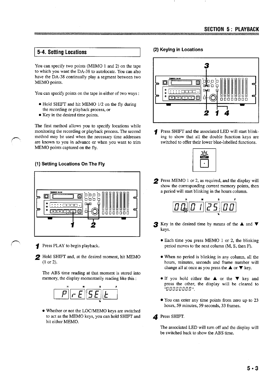 2) keying in locations, 1) setting locations on the fly, P r e | U 1 p5 n n u u, 4. setting locations | Tascam DA-38 User Manual | Page 23 / 37