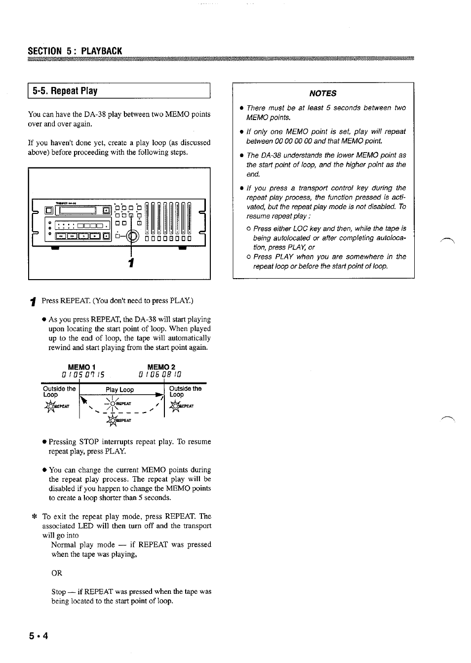 5. repeat play, Notes, 5, repeat play | Tascam DA-38 User Manual | Page 24 / 37