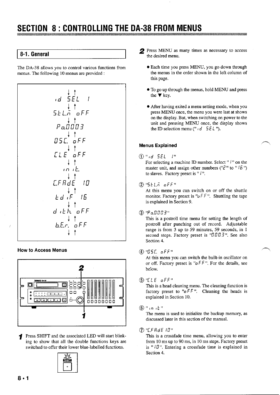 Section 8 ; controlling the da-38 from menus, How to access menus, Menus explained | Section 8 : controlling the da-38 from menus, I_ t, 1. general, Б ь и . п o f f, P o . u u u 3, Й 5 l , о f f, I n l b | Tascam DA-38 User Manual | Page 28 / 37