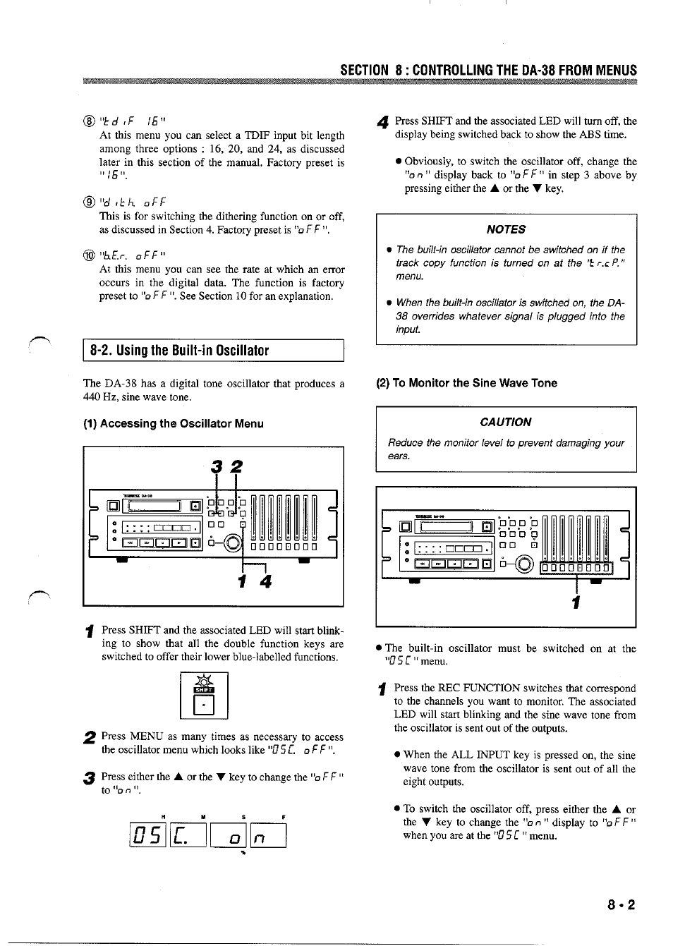 2. using the built-in oscillator, 1) accessing the oscillator menu, 2) to monitor the sine wave tone | Caution | Tascam DA-38 User Manual | Page 29 / 37