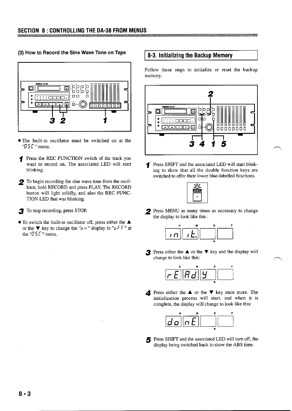 3) how to record the sine wave tone on tape, 8‘3. initializing the backup memory, 3, initializing the backup memory | I n t, E r d, D o \ n e | Tascam DA-38 User Manual | Page 30 / 37