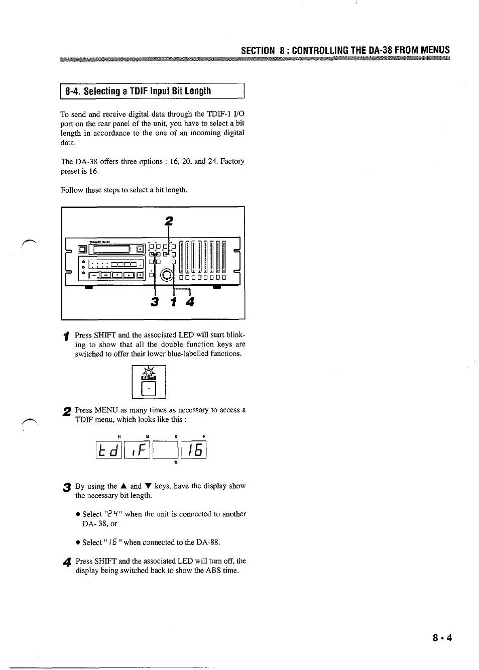 4. selecting a tdif input bit length, Selecting a tdif input bit length, T d\ if | Tascam DA-38 User Manual | Page 31 / 37