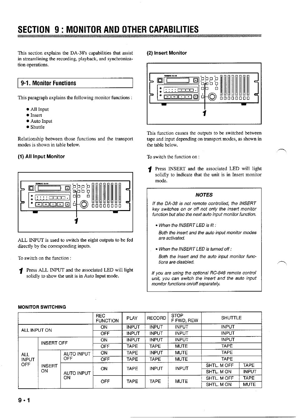 Section 9 : monitor and other capabilities, 2) insert monitor, 1) all input monitor | Section 9: monitor and other capabilities, 1. monitor functions | Tascam DA-38 User Manual | Page 32 / 37