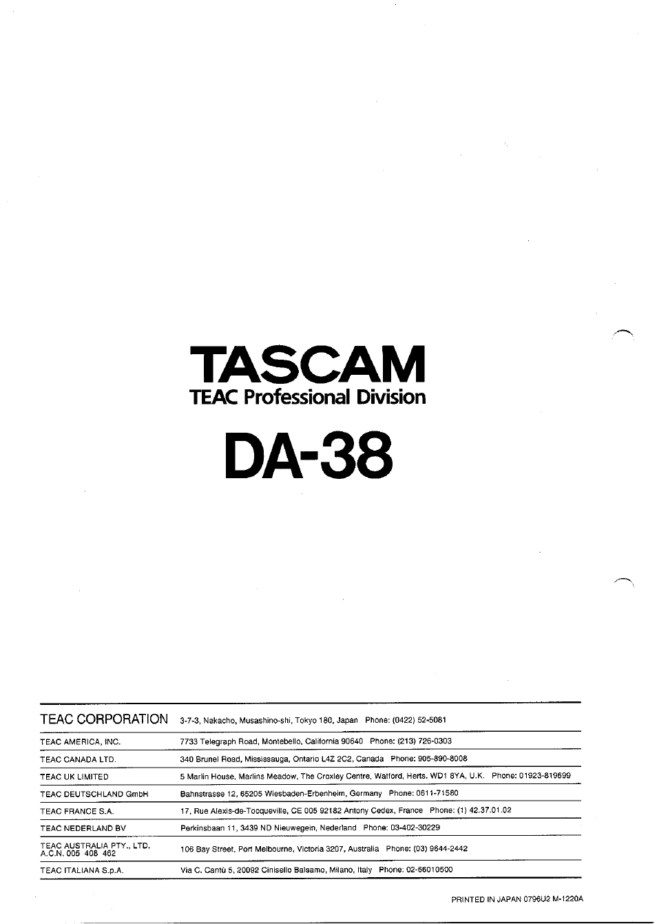 Tascam, Teac professional division, Da-38 | Teac corporation | Tascam DA-38 User Manual | Page 37 / 37