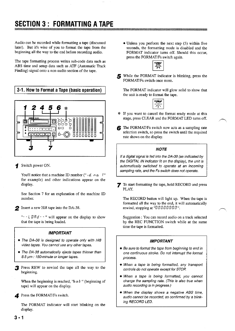 Section 3 : formahing a tape, Important, Section 3 : formatting a tape | 1. how to format a tape (basic operation) | Tascam DA-38 User Manual | Page 4 / 37