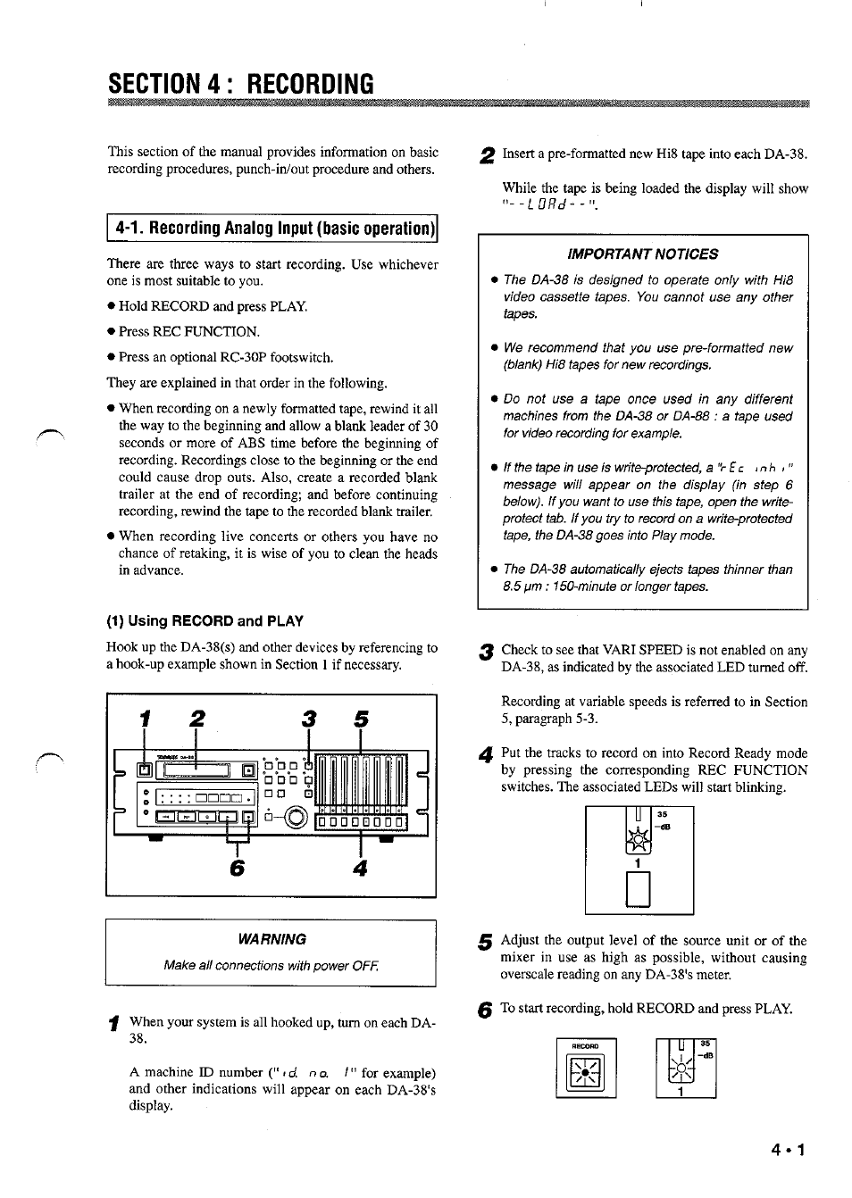 Section 4: recording, 1. recording analog input (basic operation), 1) using record and play | Recording analog input (basic operation) | Tascam DA-38 User Manual | Page 7 / 37