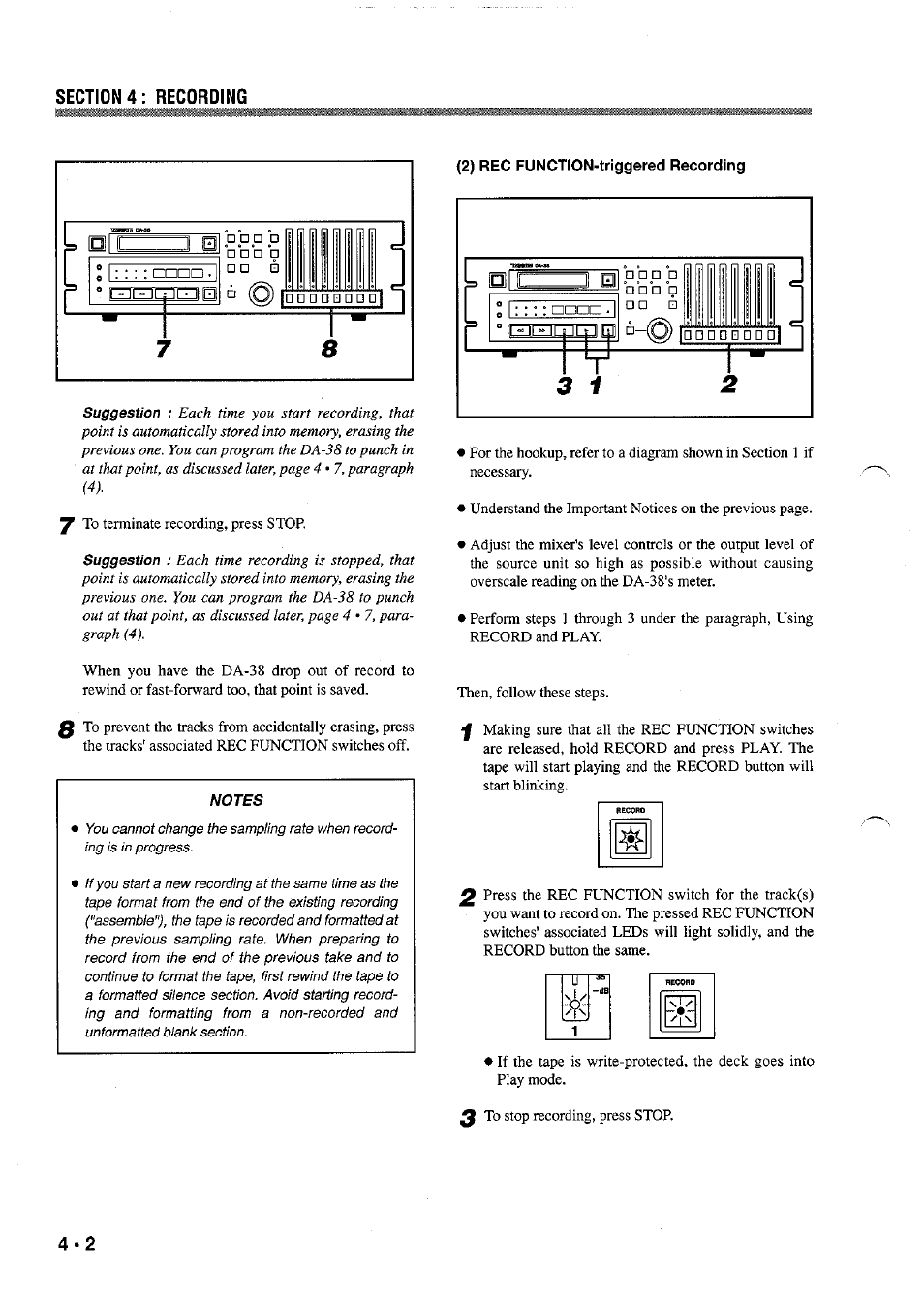 Section 4: recording, 2) rec function-triggered recording, Notes | Section 4 : recording, U-)?i | Tascam DA-38 User Manual | Page 8 / 37