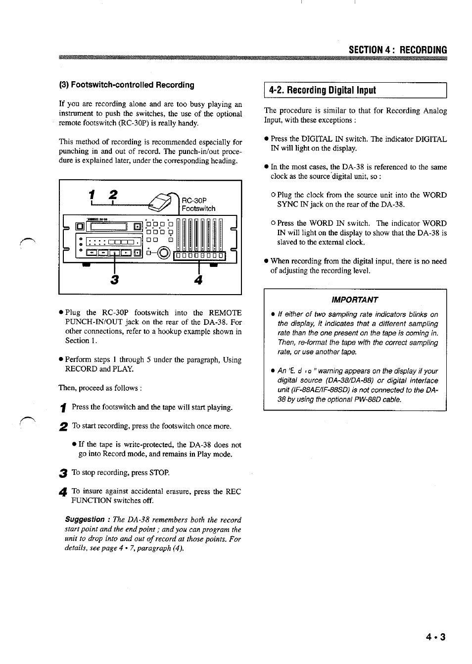 3) footswitch-controlled recording, 2. recording digital input | Tascam DA-38 User Manual | Page 9 / 37