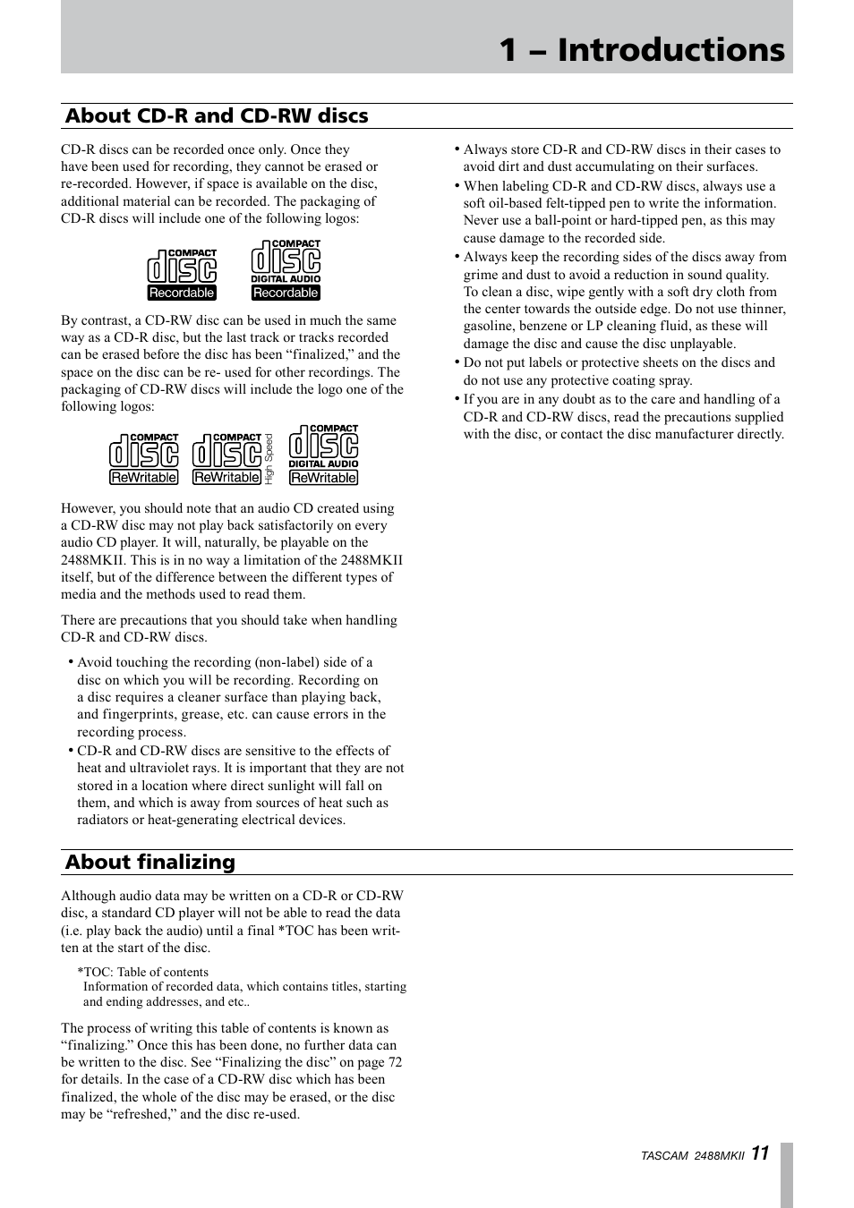 1 − introductions, About finalizing, About cd-r and cd-rw discs | Tascam 2488MKII User Manual | Page 11 / 116