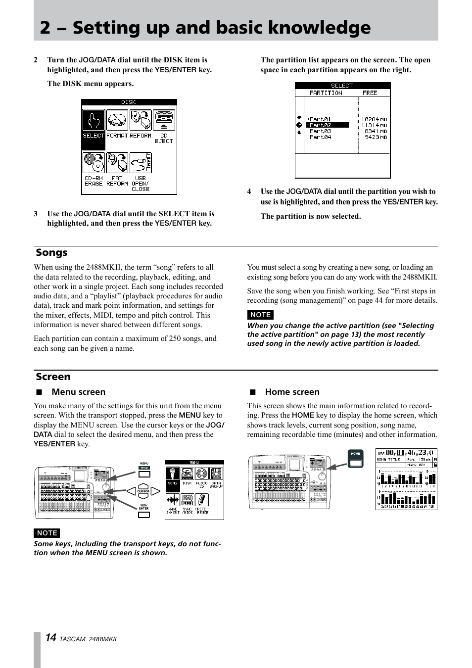 Songs, Screen, Menu screen | Home screen, Songs screen, Menu screen home screen, 2 − setting up and basic knowledge | Tascam 2488MKII User Manual | Page 14 / 116