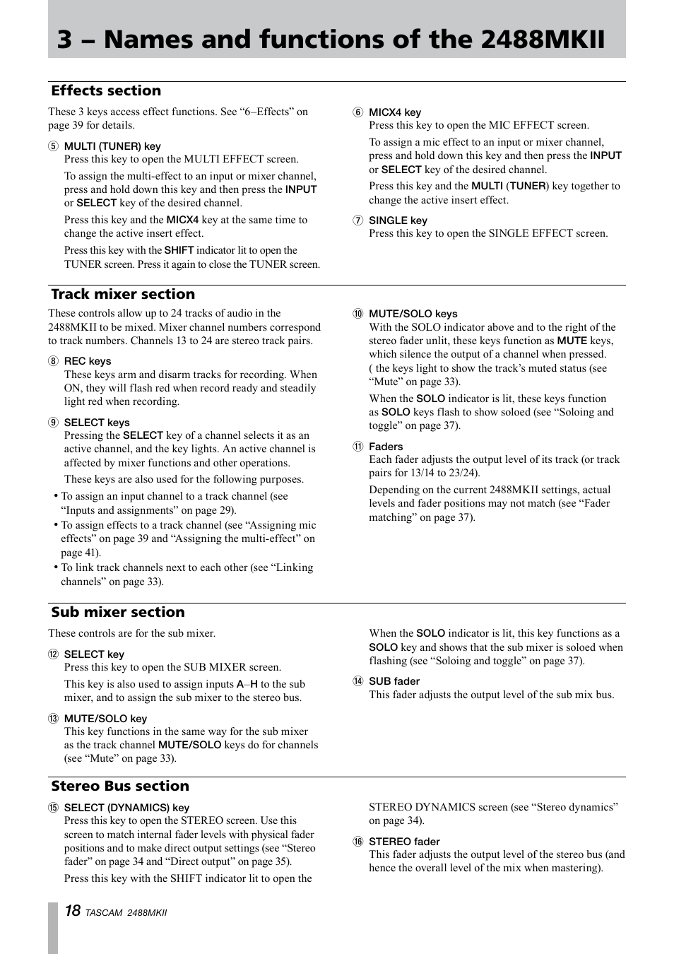 Effects section, Track mixer section, Sub mixer section | Stereo bus section | Tascam 2488MKII User Manual | Page 18 / 116