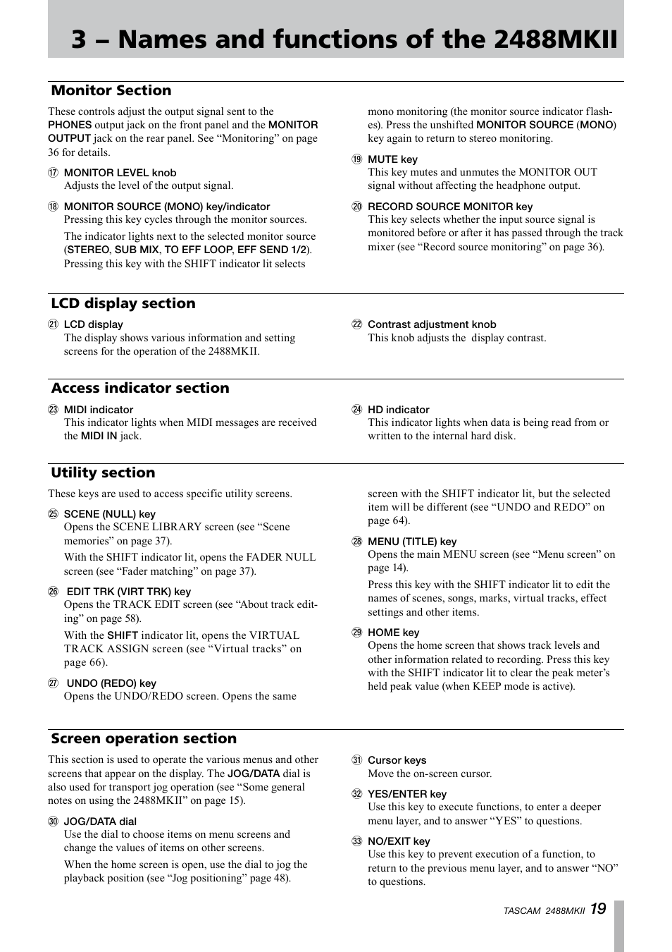 Monitor section, Lcd display section, Access indicator section | Utility section, Screen operation section | Tascam 2488MKII User Manual | Page 19 / 116