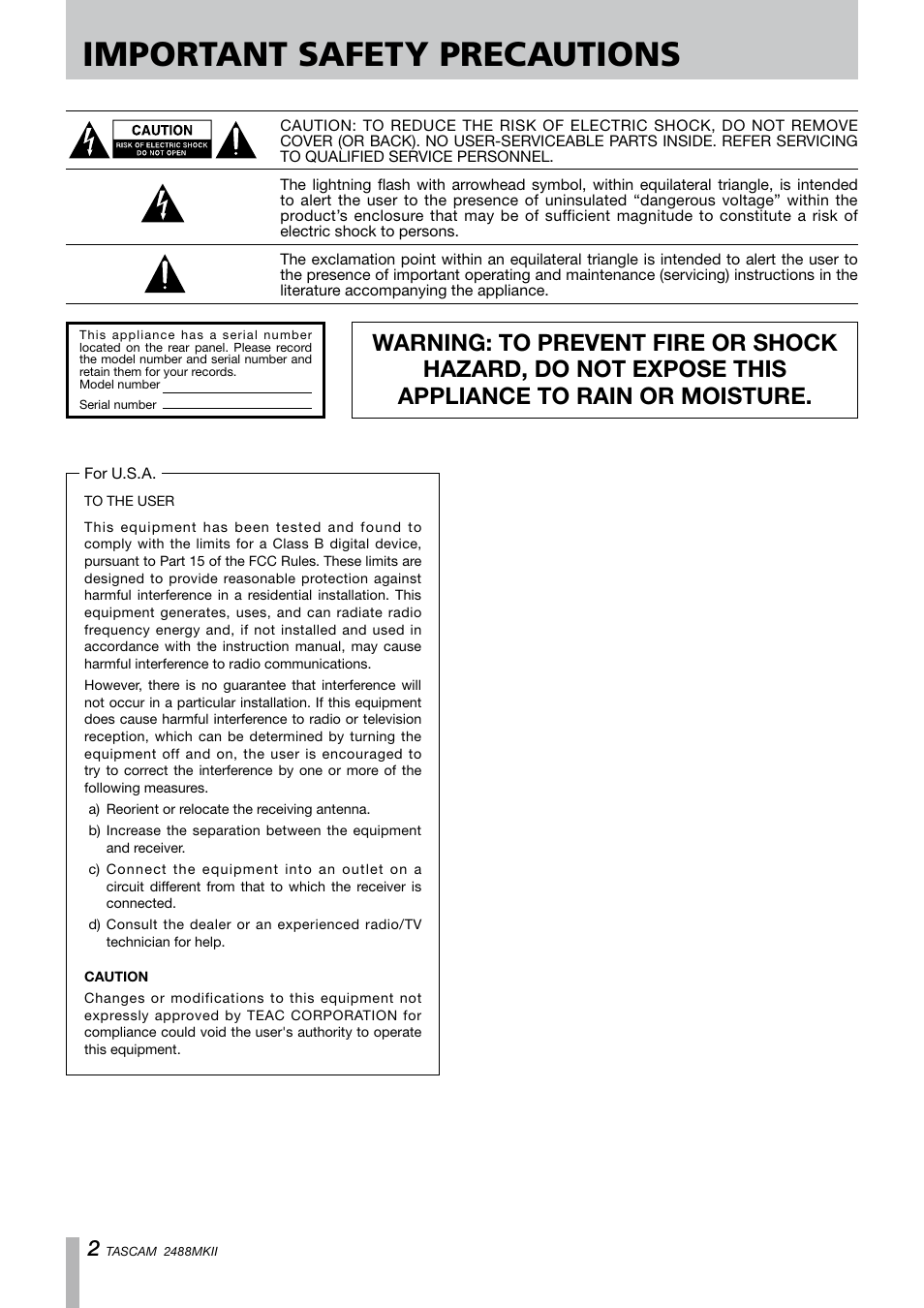 Important safety precautions | Tascam 2488MKII User Manual | Page 2 / 116