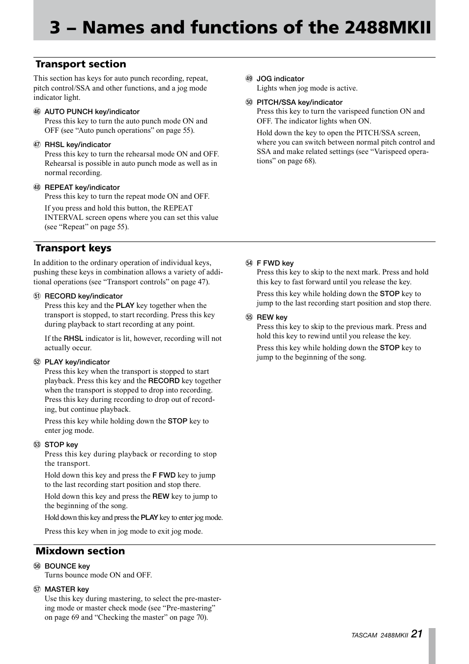 Transport section, Transport keys, Mixdown section | Transport section transport keys mixdown section | Tascam 2488MKII User Manual | Page 21 / 116