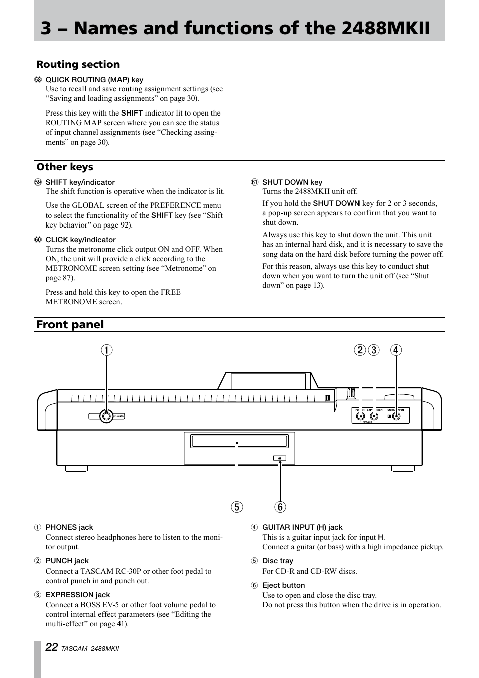 Routing section, Other keys, Front panel | Tascam 2488MKII User Manual | Page 22 / 116