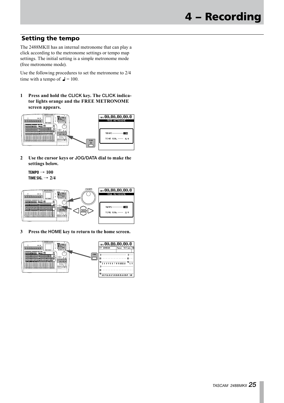 Setting the tempo, 4 − recording | Tascam 2488MKII User Manual | Page 25 / 116
