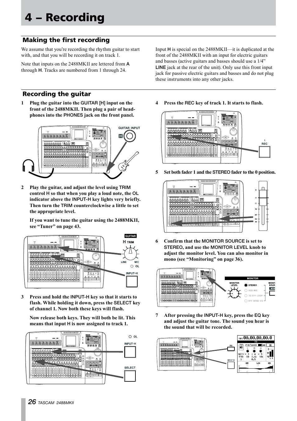 Making the first recording, Recording the guitar, Making the first recording recording the guitar | 4 − recording | Tascam 2488MKII User Manual | Page 26 / 116
