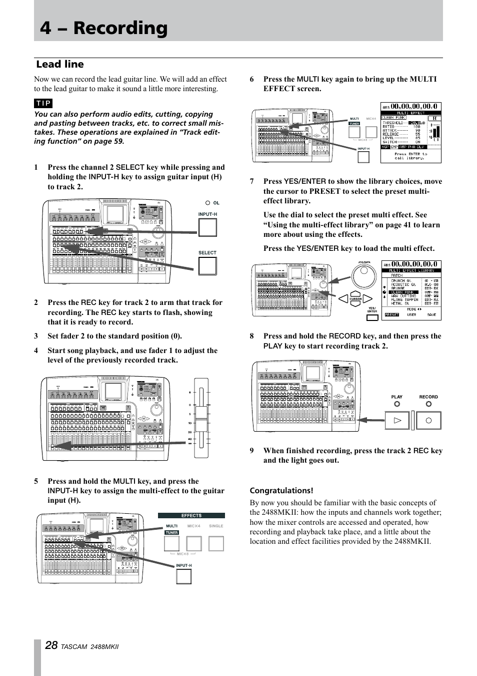 Lead line, 4 − recording | Tascam 2488MKII User Manual | Page 28 / 116