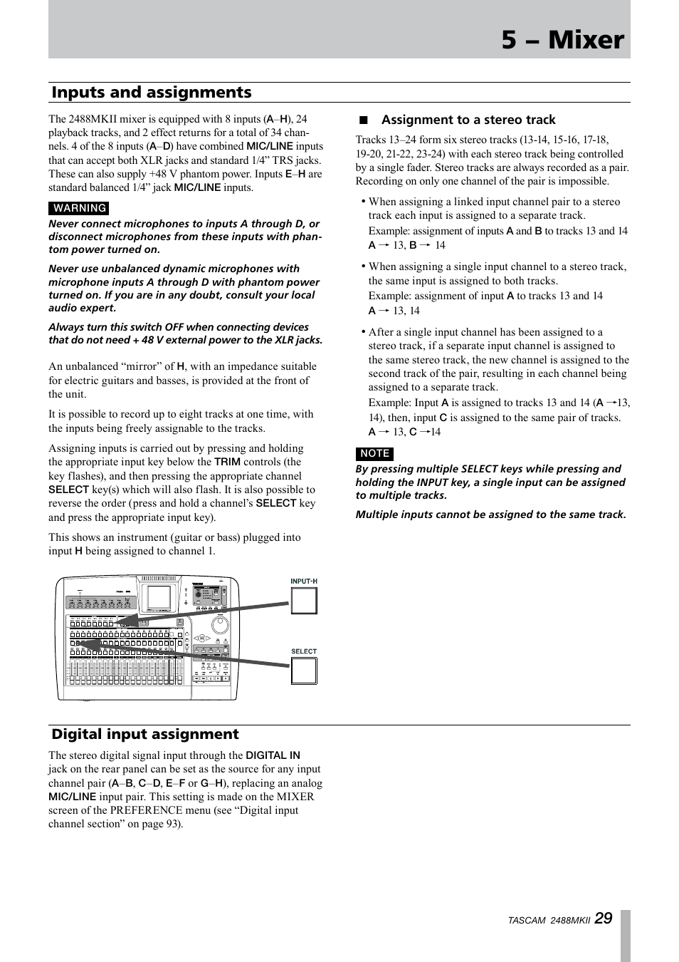 5 − mixer, Inputs and assignments, Assignment to a stereo track | Digital input assignment | Tascam 2488MKII User Manual | Page 29 / 116