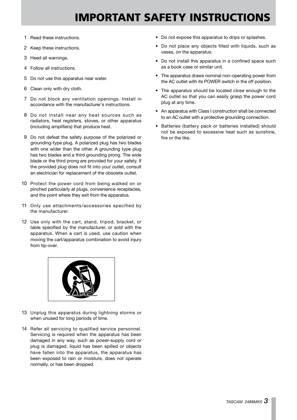 Important safety instructions | Tascam 2488MKII User Manual | Page 3 / 116