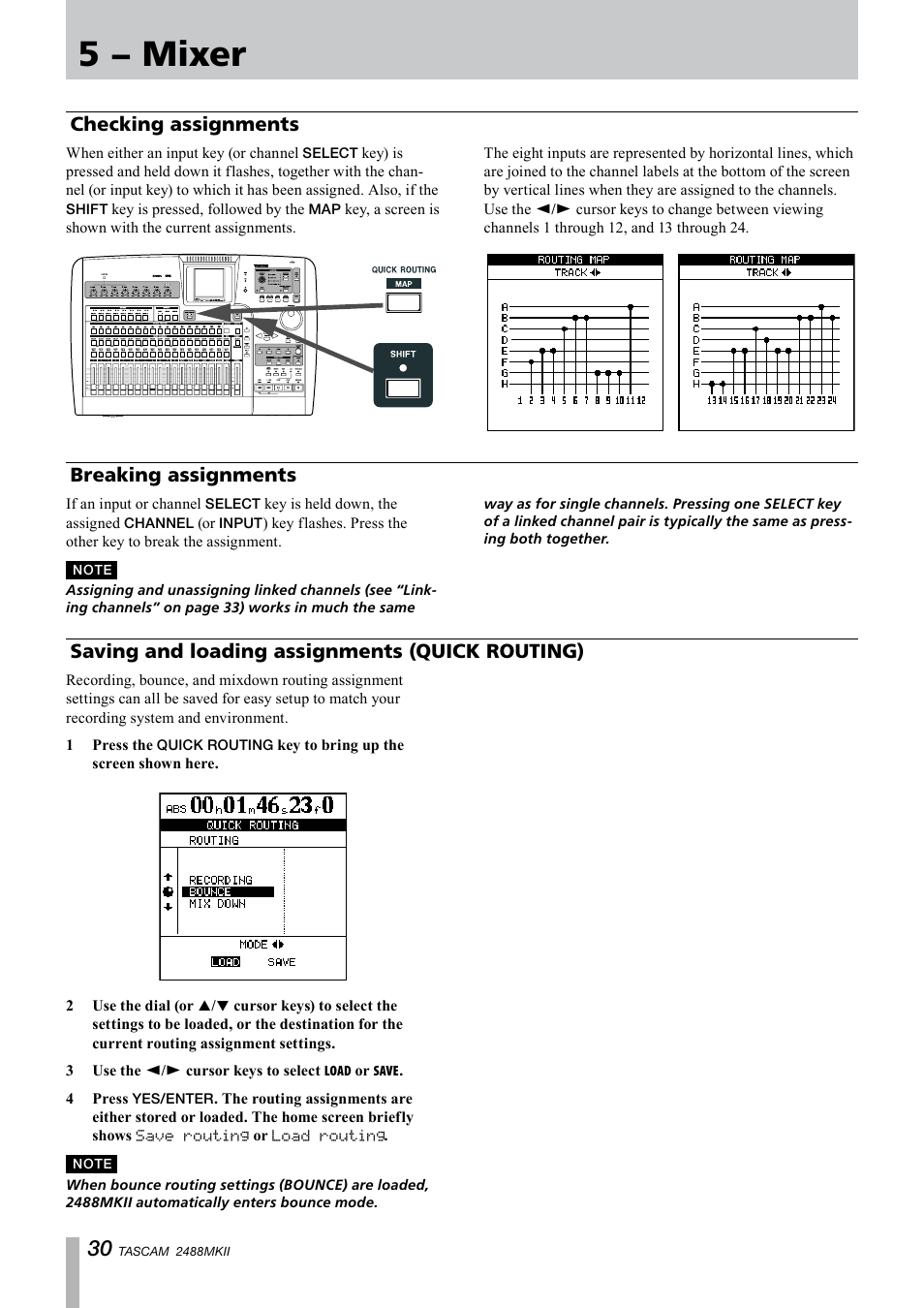 Checking assignments, Breaking assignments, Saving and loading assignments (quick routing) | Quick routing), 5 − mixer | Tascam 2488MKII User Manual | Page 30 / 116