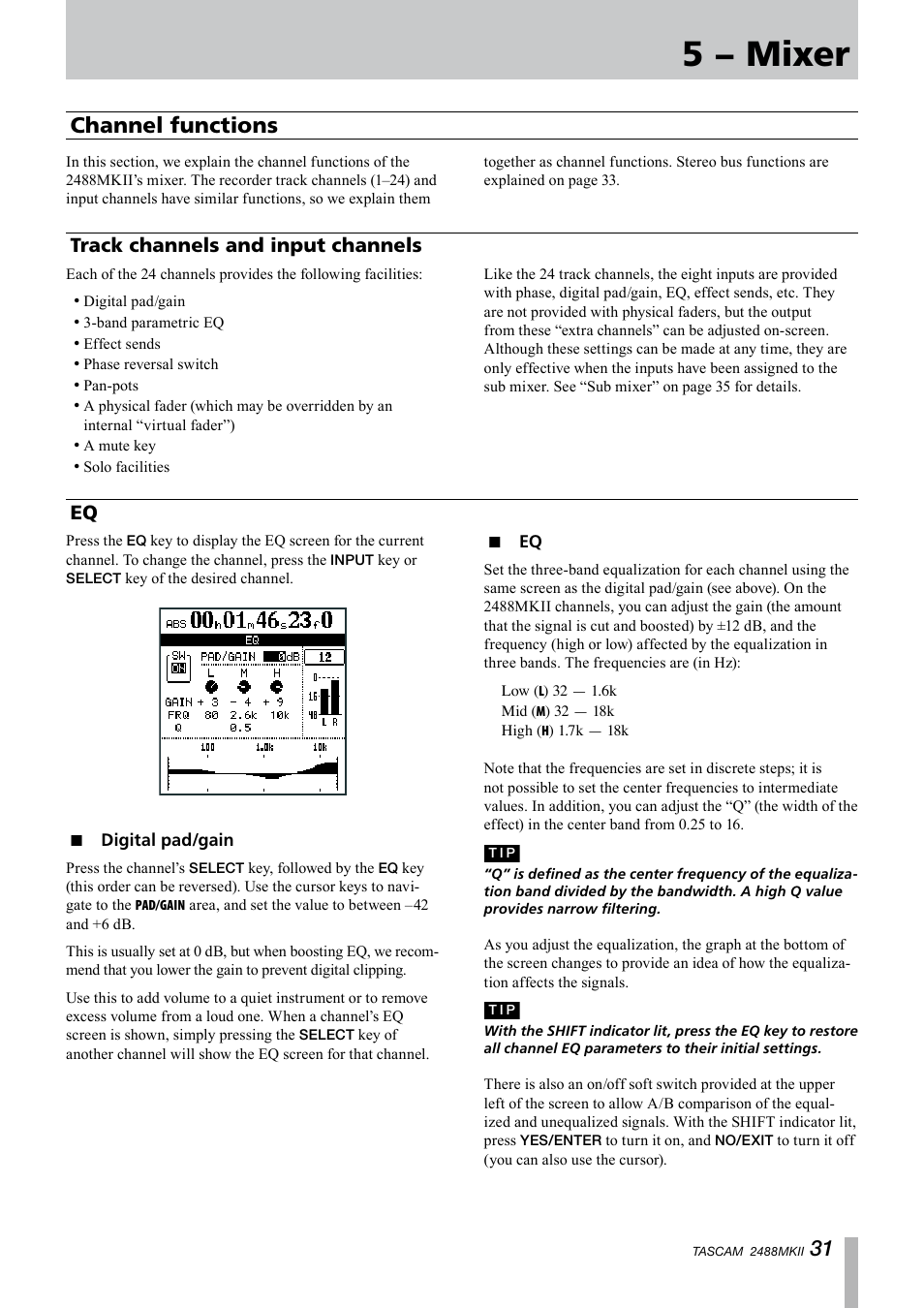 Channel functions, Track channels and input channels, Digital pad/gain | Track channels and input channels eq, Digital pad/gain eq, 5 − mixer | Tascam 2488MKII User Manual | Page 31 / 116