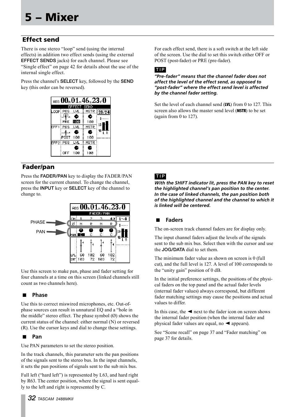 Effect send, Fader/pan, Phase | Faders, Effect send fader/pan, Phase pan faders, 5 − mixer | Tascam 2488MKII User Manual | Page 32 / 116