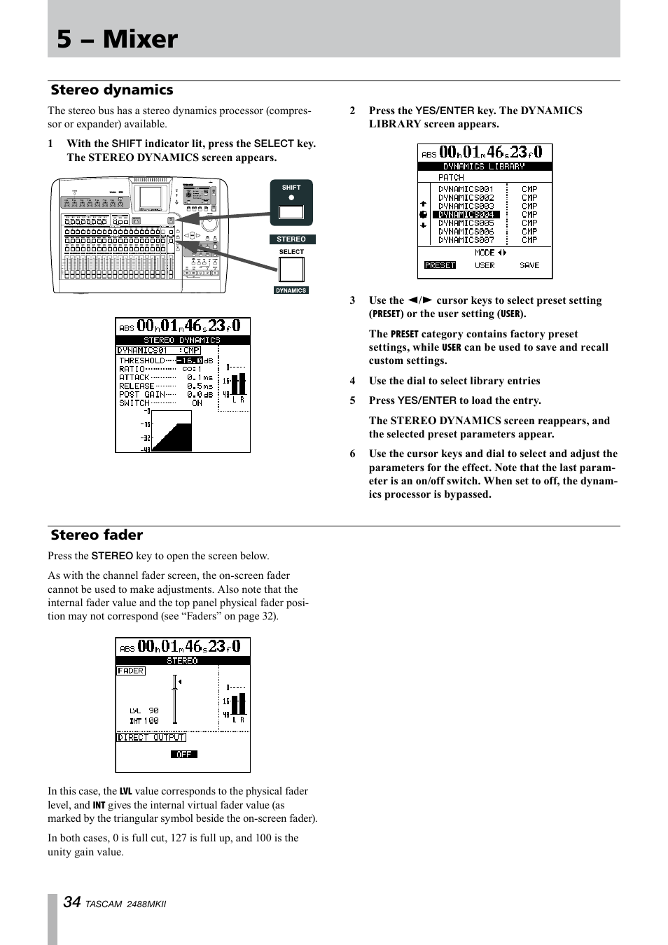 Stereo dynamics, Stereo fader, Stereo dynamics stereo fader | 5 − mixer | Tascam 2488MKII User Manual | Page 34 / 116