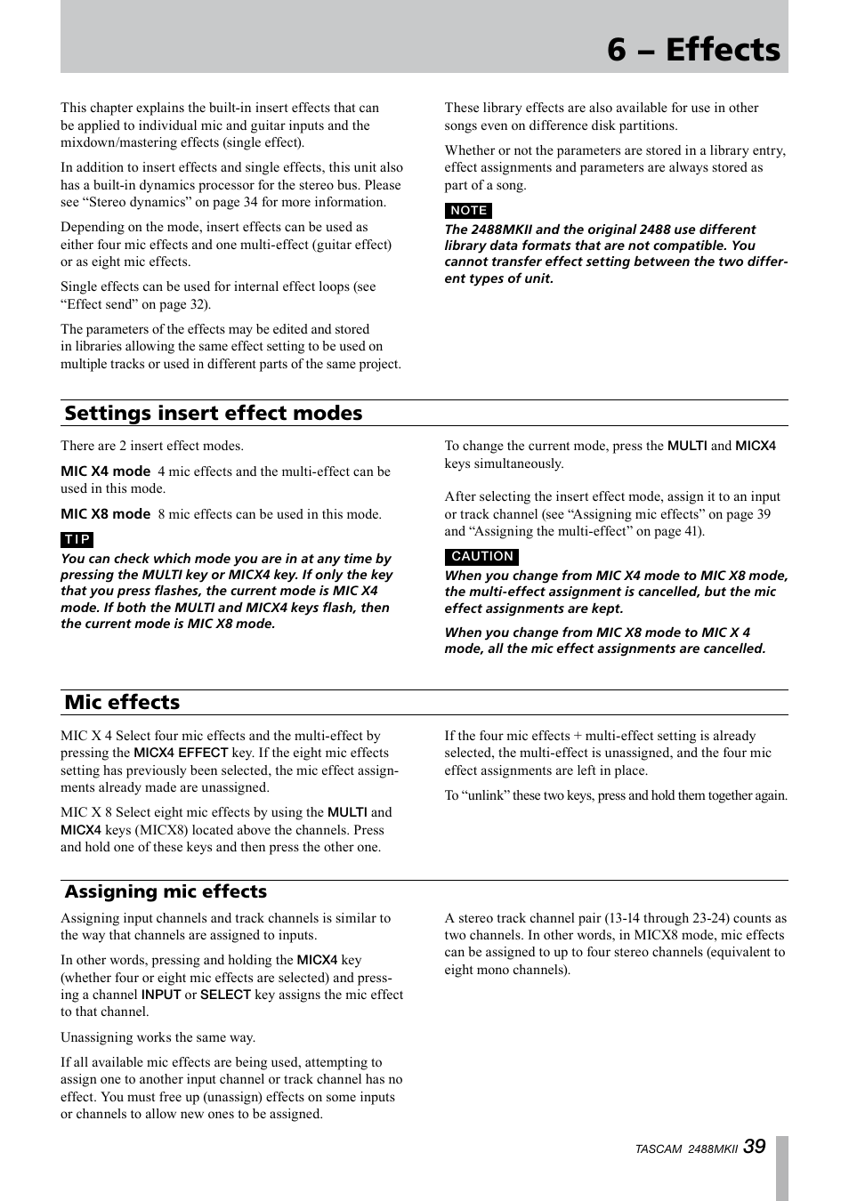 6 − effects, Settings insert effect modes, Mic effects | Assigning mic effects, Settings insert effect modes mic effects, 6–effects” on | Tascam 2488MKII User Manual | Page 39 / 116