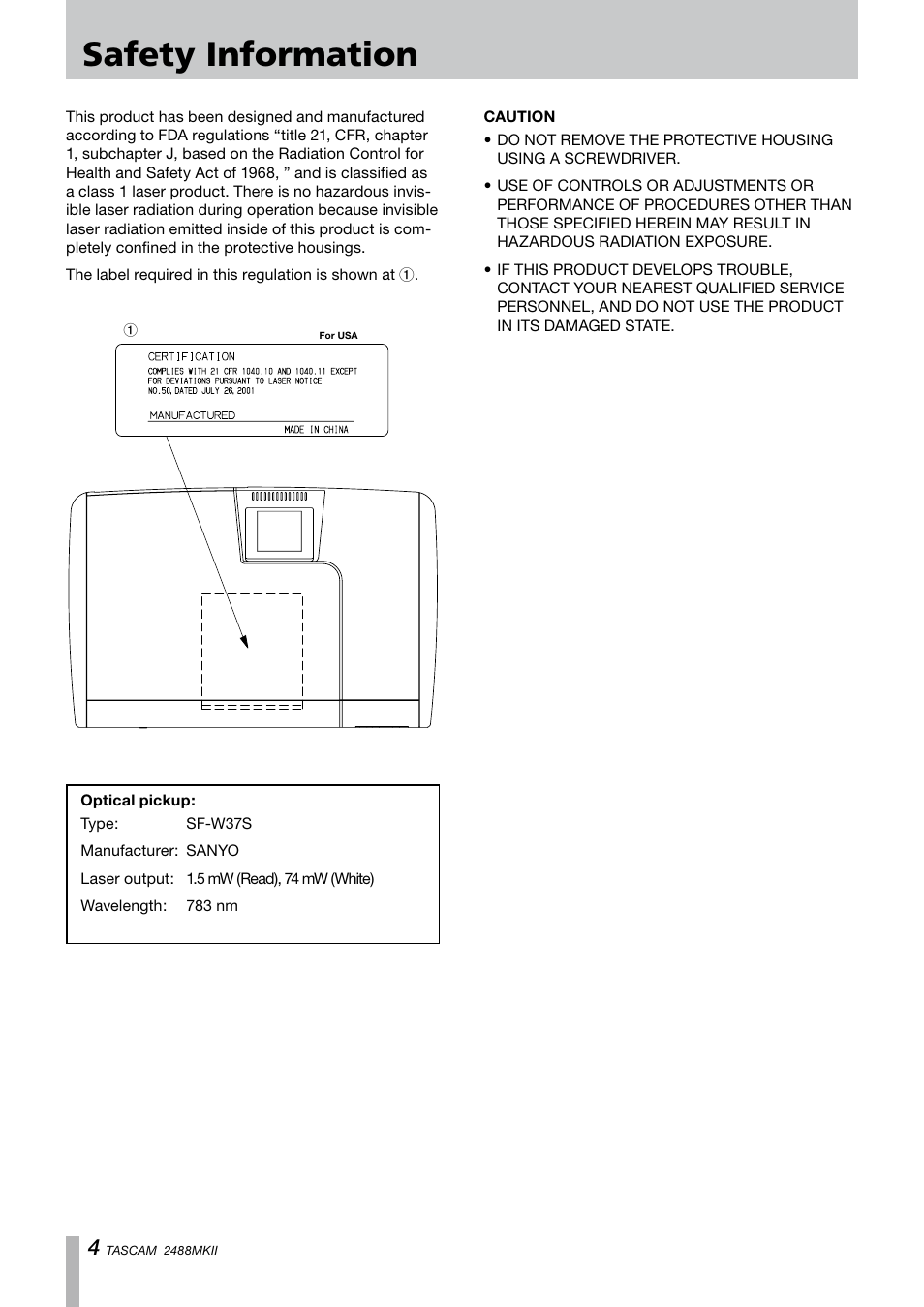 Safety information | Tascam 2488MKII User Manual | Page 4 / 116