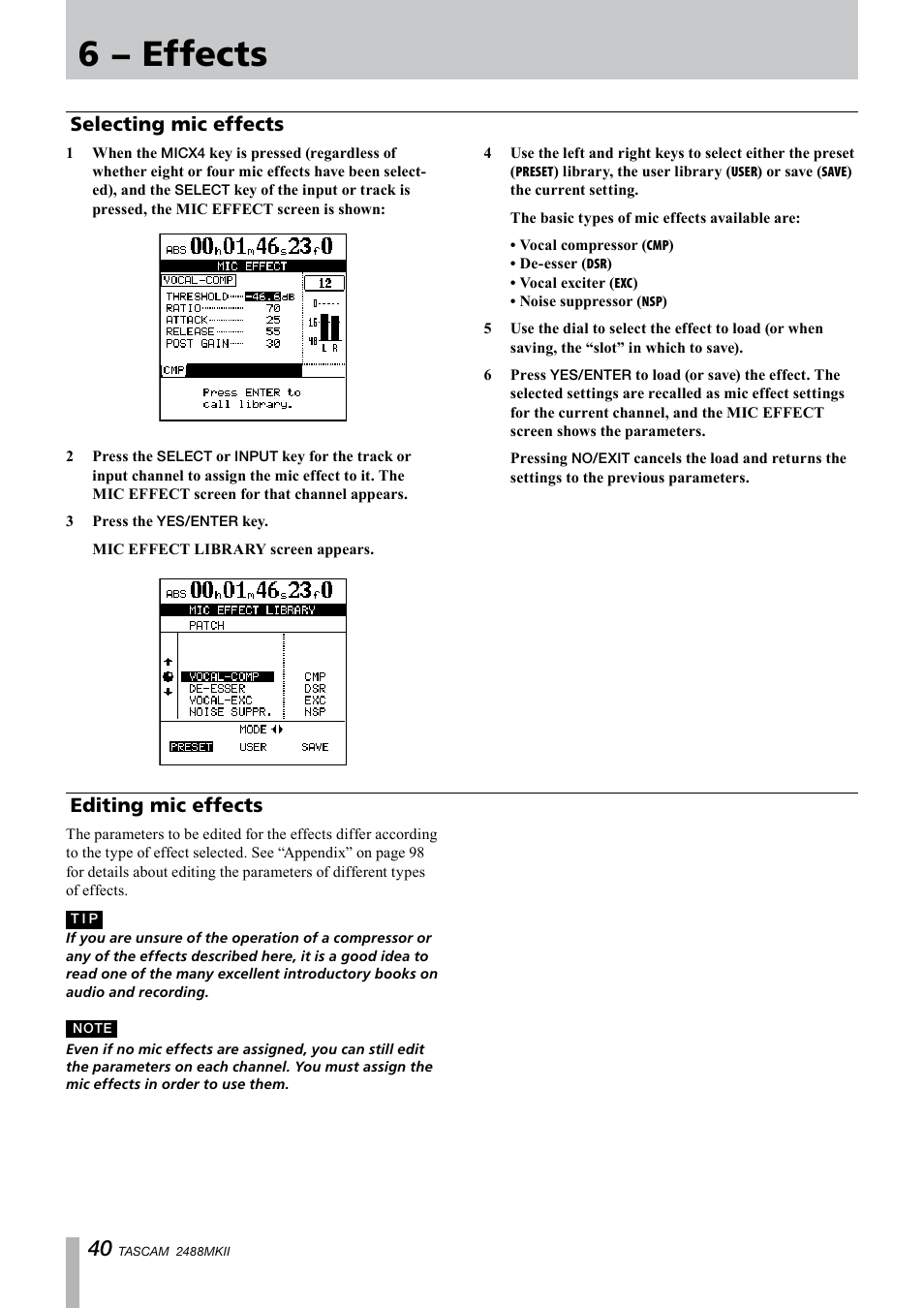 Selecting mic effects, Editing mic effects, Selecting mic effects editing mic effects | 6 − effects | Tascam 2488MKII User Manual | Page 40 / 116