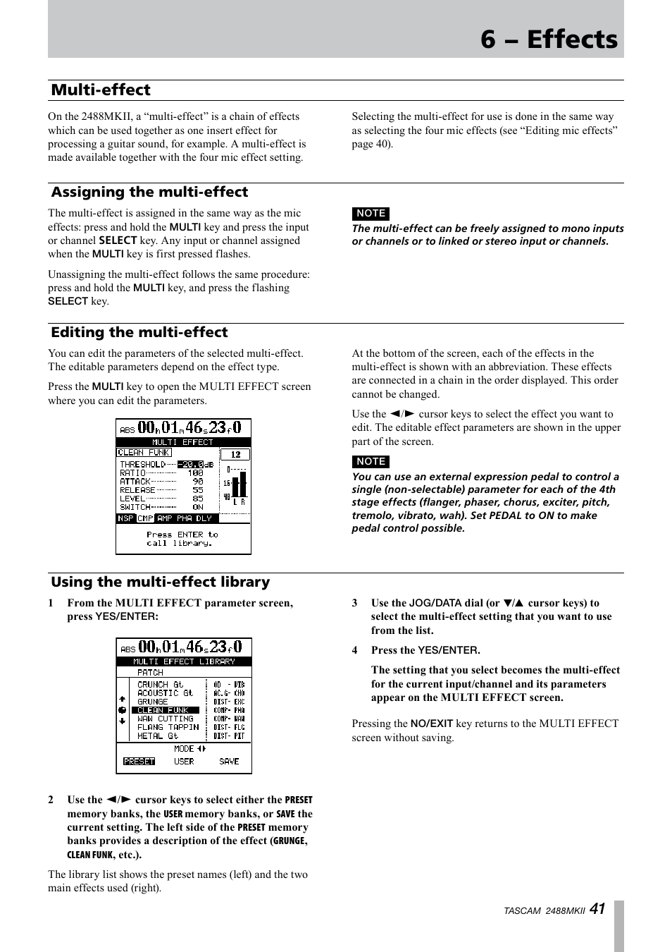 Multi-effect, Assigning the multi-effect, Editing the multi-effect | Using the multi-effect library, 6 − effects | Tascam 2488MKII User Manual | Page 41 / 116