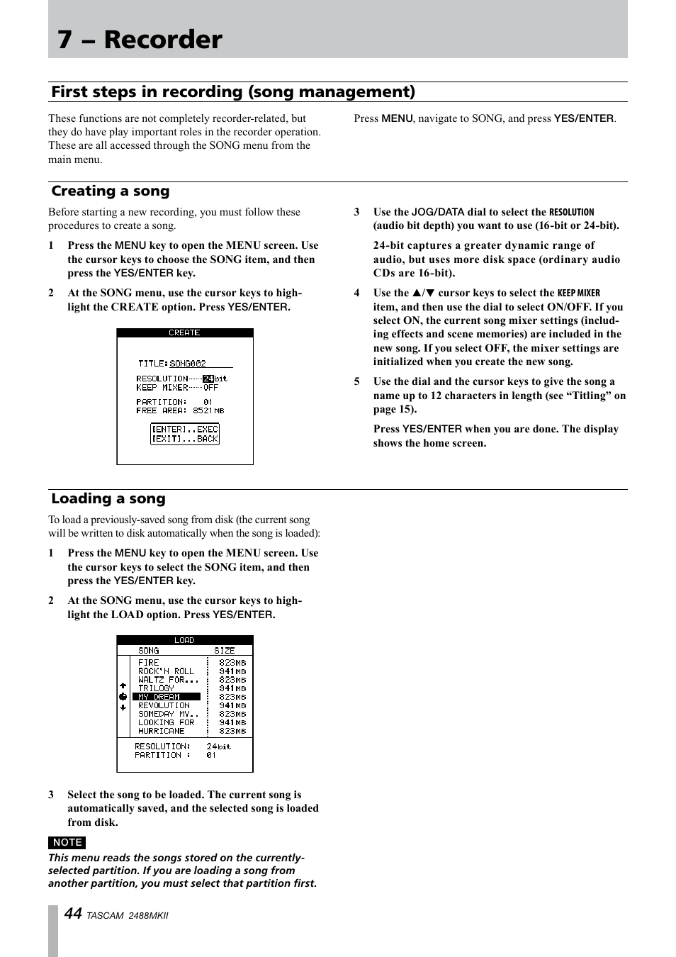 7 − recorder, First steps in recording (song management), Creating a song | Loading a song, First steps in recording, Song management) | Tascam 2488MKII User Manual | Page 44 / 116