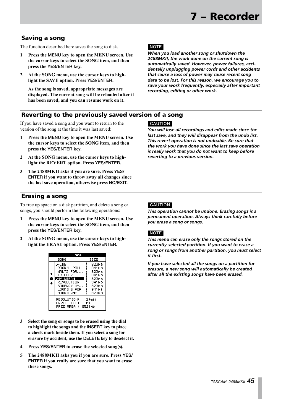 Saving a song, Erasing a song, A song | 7 − recorder | Tascam 2488MKII User Manual | Page 45 / 116