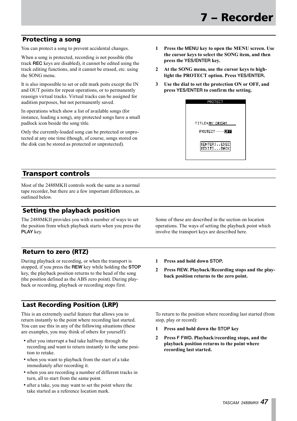 Protecting a song, Transport controls, Setting the playback position | Return to zero (rtz), Last recording position (lrp), 7 − recorder | Tascam 2488MKII User Manual | Page 47 / 116