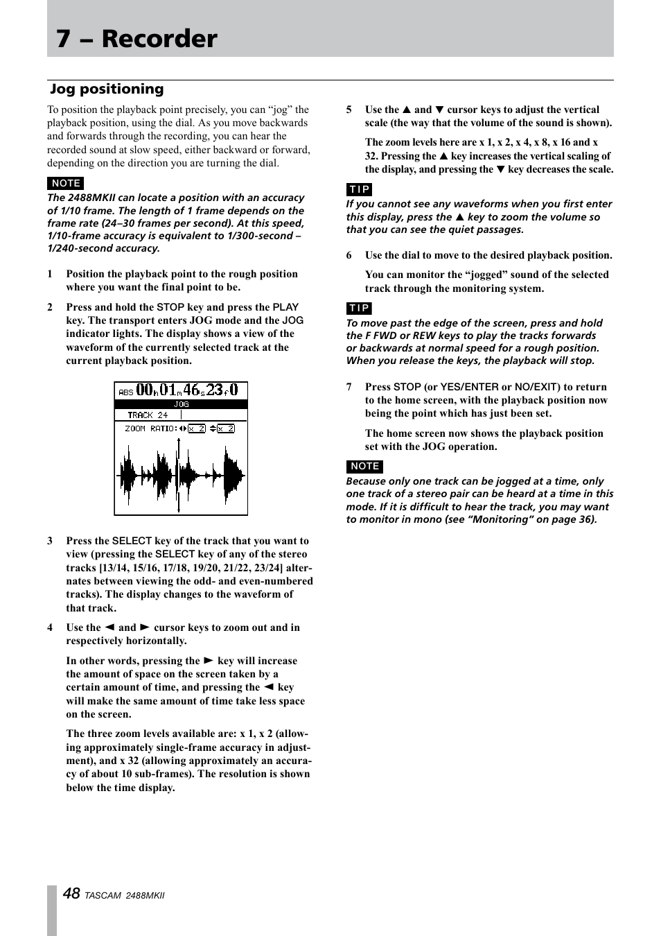Jog positioning, 7 − recorder | Tascam 2488MKII User Manual | Page 48 / 116