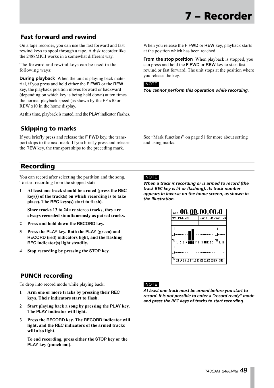 Fast forward and rewind, Skipping to marks, Recording | Punch recording, Fast forward and rewind skipping to marks, 7 − recorder | Tascam 2488MKII User Manual | Page 49 / 116