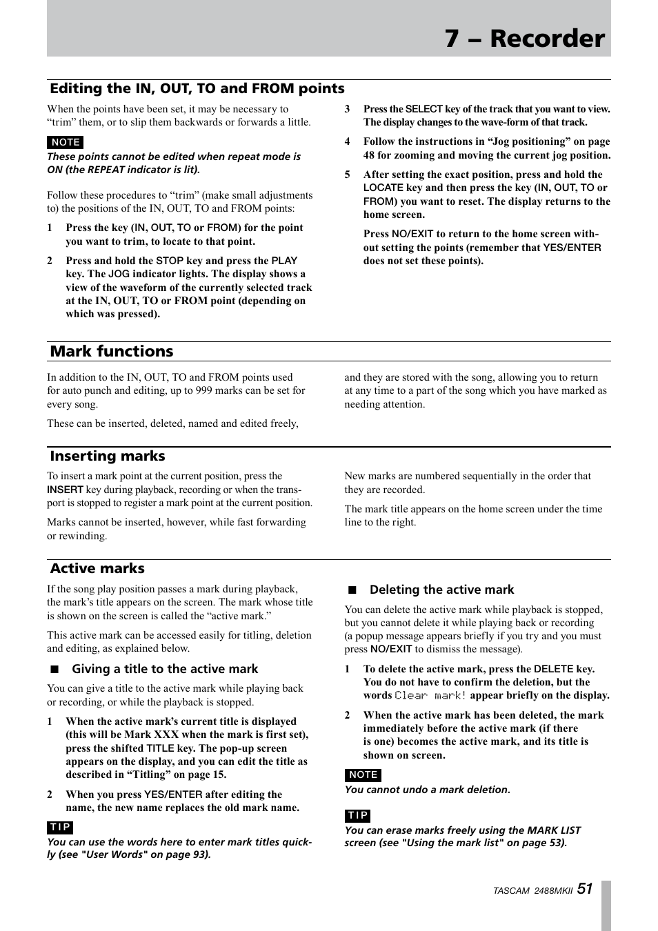 Editing the in, out, to and from points, Mark functions, Inserting marks | Active marks, Giving a title to the active mark, Deleting the active mark, Inserting marks active marks, 7 − recorder | Tascam 2488MKII User Manual | Page 51 / 116