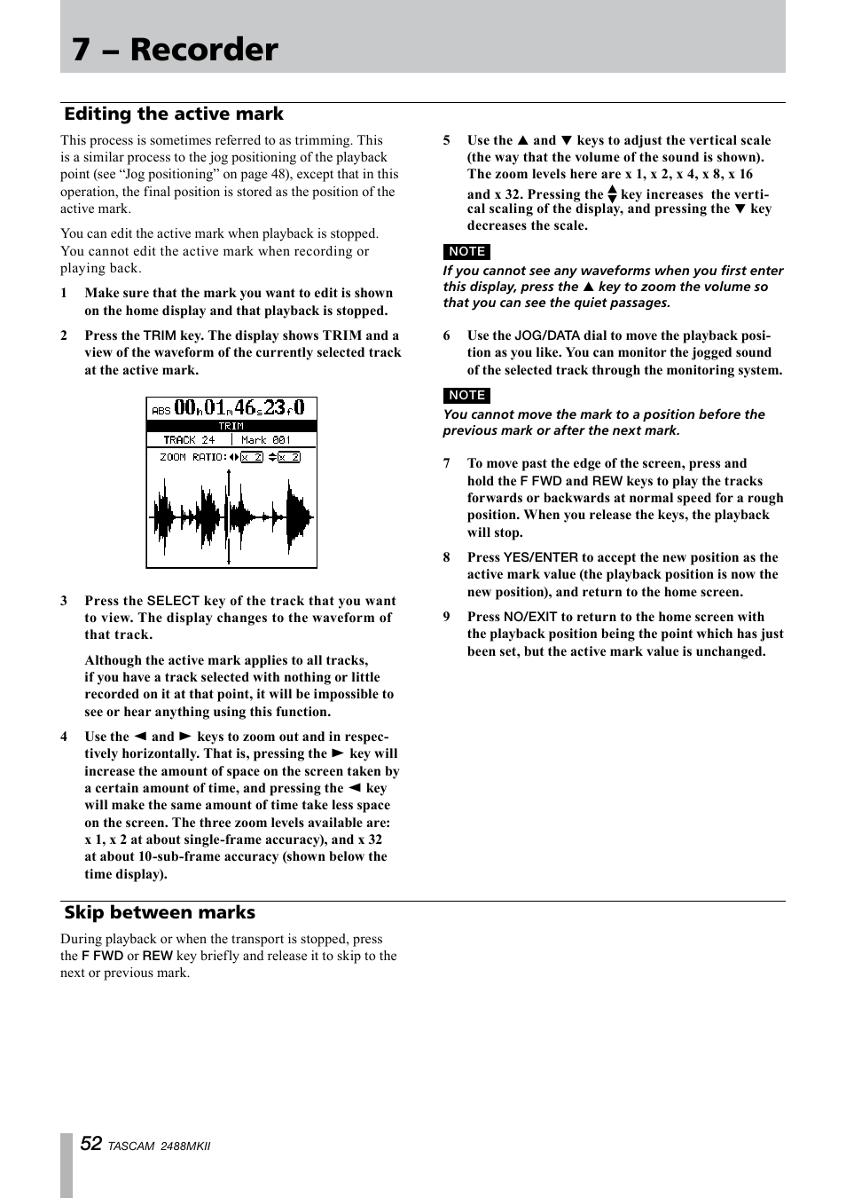 Editing the active mark, Skip between marks, Editing the active mark skip between marks | 7 − recorder | Tascam 2488MKII User Manual | Page 52 / 116