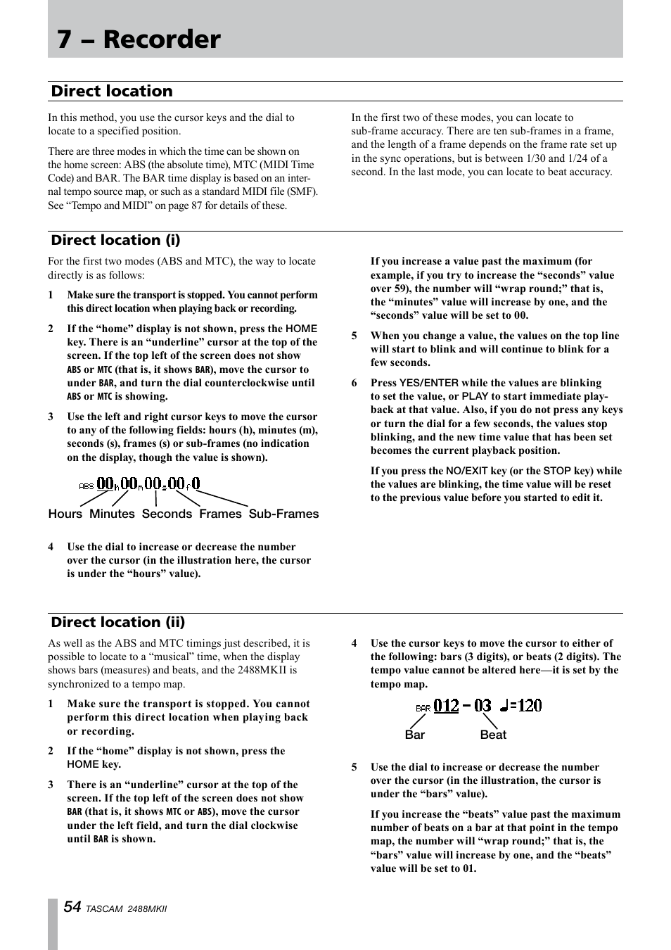 Direct location, Direct location (i), Direct location (ii) | Direct location (i) direct location (ii), 7 − recorder | Tascam 2488MKII User Manual | Page 54 / 116