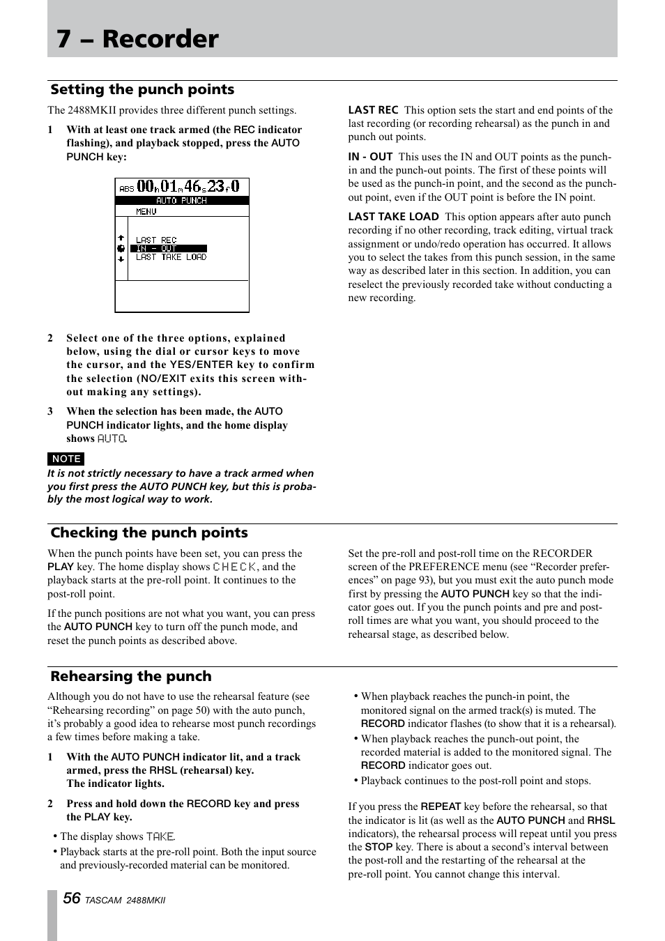 Setting the punch points, Checking the punch points, Rehearsing the punch | 7 − recorder | Tascam 2488MKII User Manual | Page 56 / 116