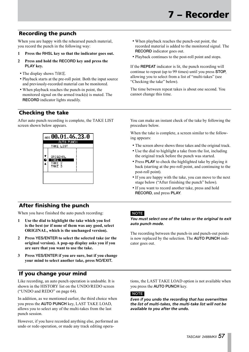 Recording the punch, Checking the take, After finishing the punch | If you change your mind, 7 − recorder, If you change your mind after finishing the punch | Tascam 2488MKII User Manual | Page 57 / 116