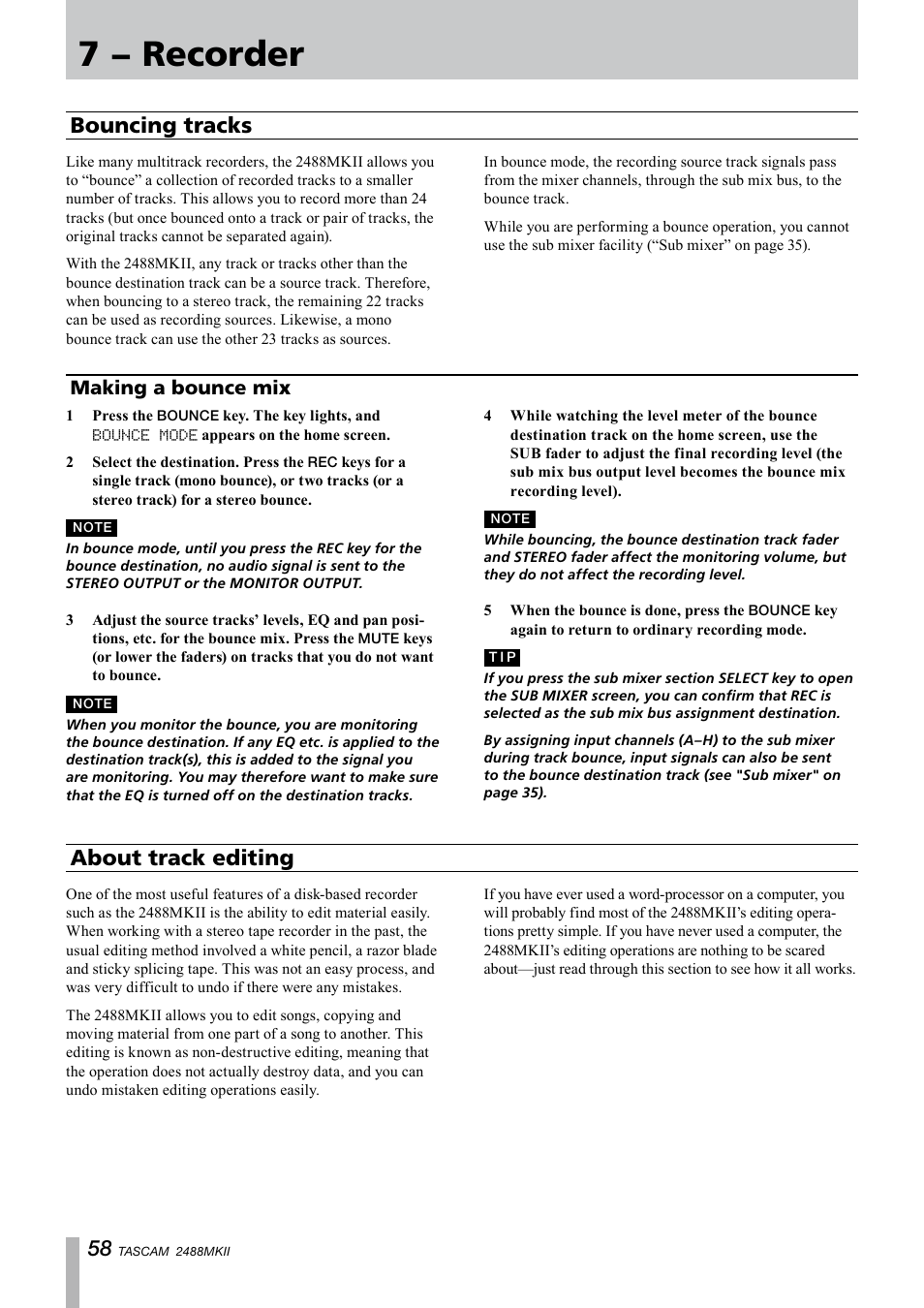 Bouncing tracks, Making a bounce mix, About track editing | 7 − recorder | Tascam 2488MKII User Manual | Page 58 / 116